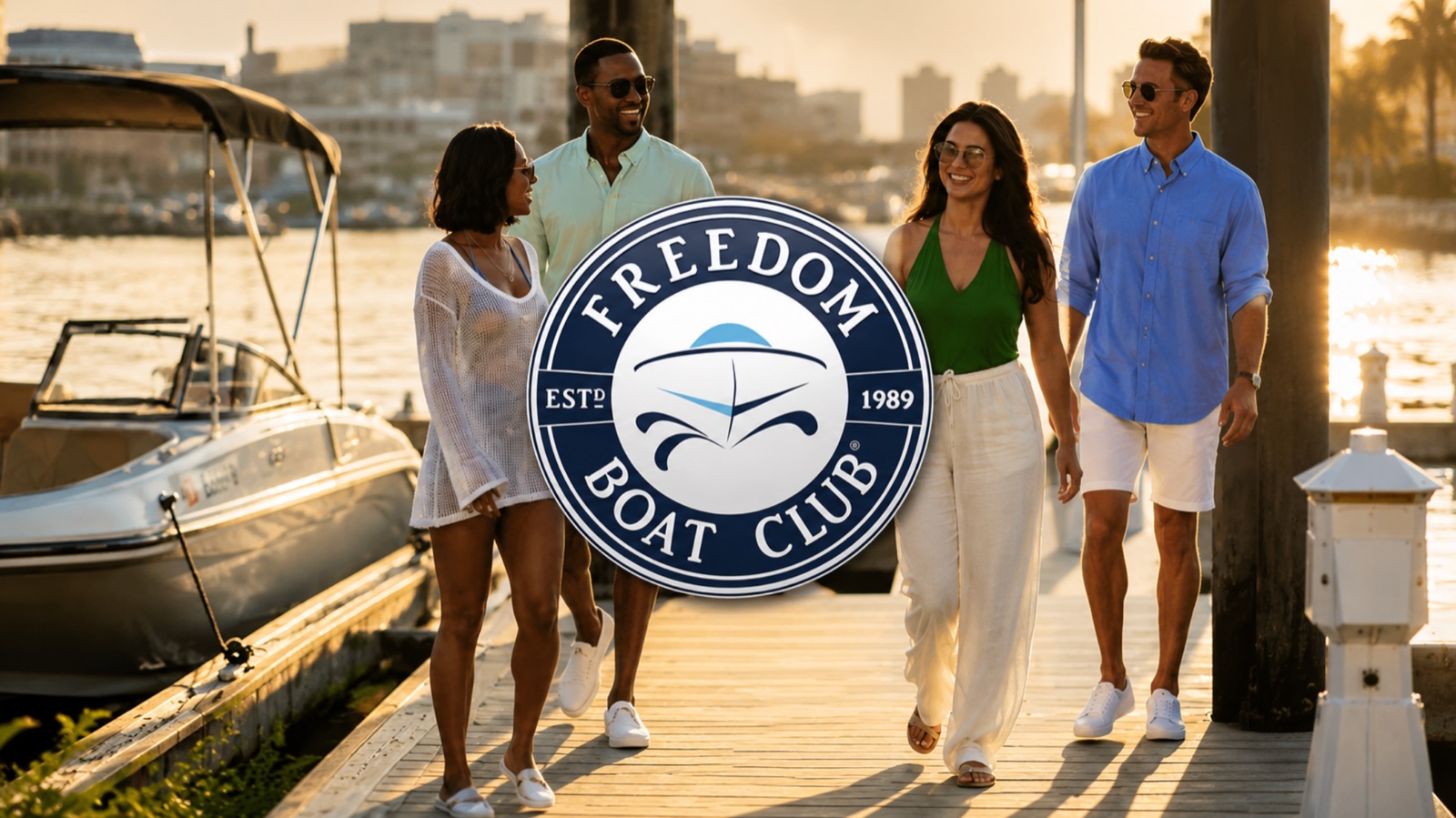 Freedom Boat Club members walking down a dock at golden hour