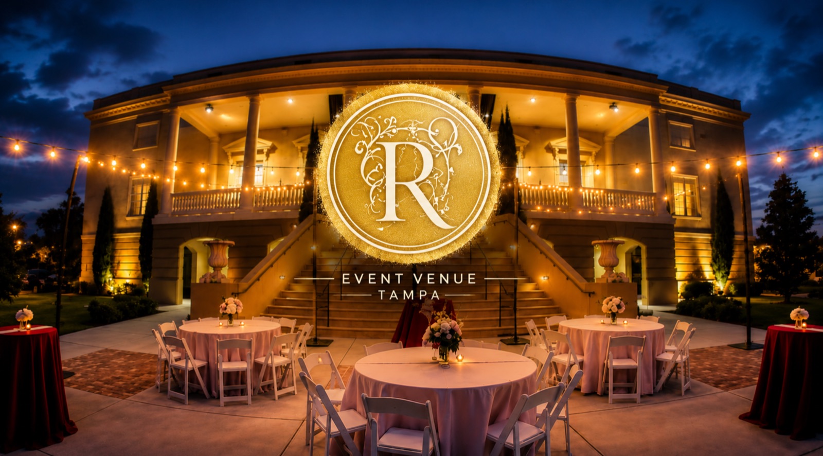 The Regent event venue in Tampa at dusk, string lights over outdoor tables