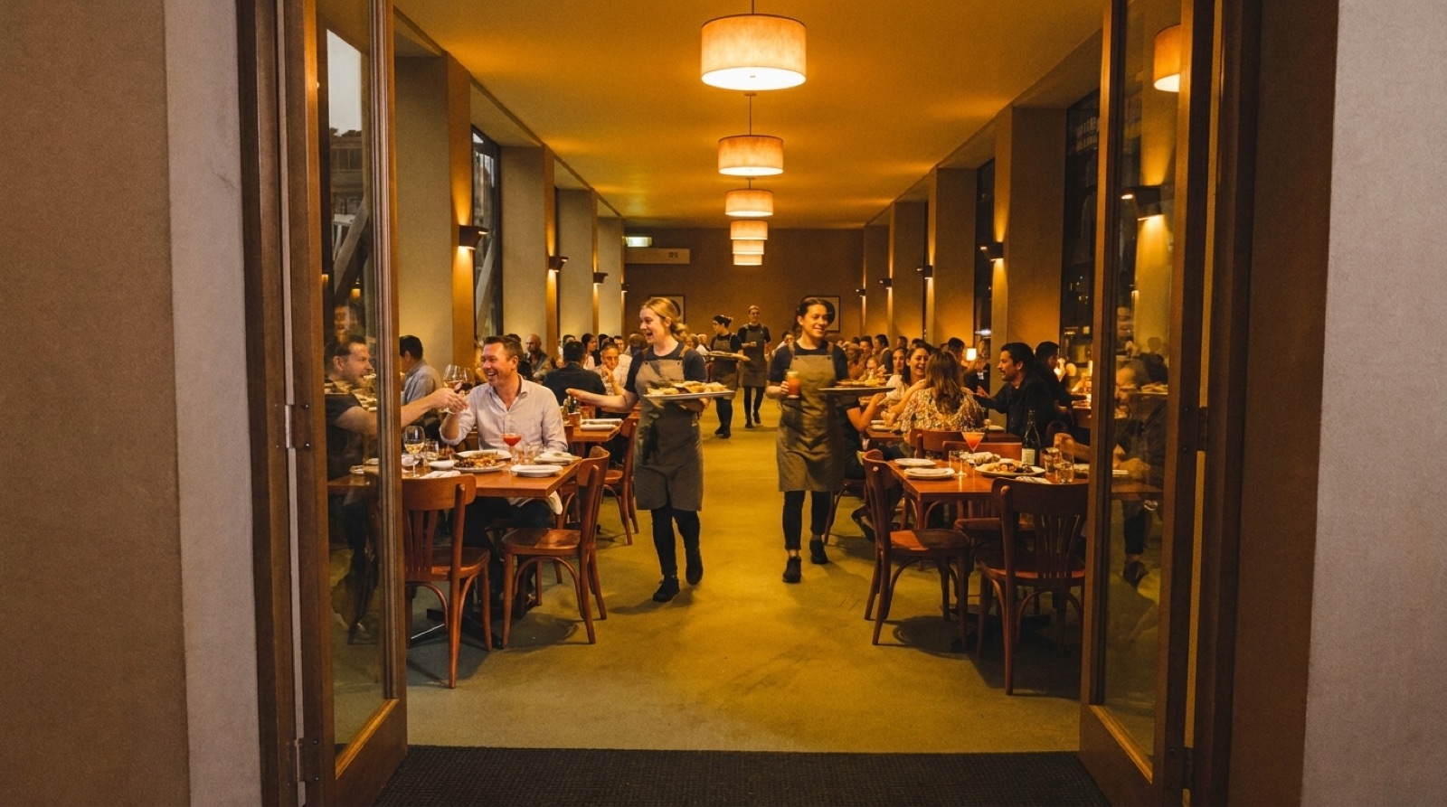 The same dining room packed with guests